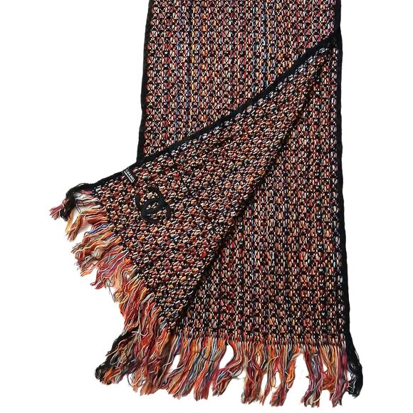 CHANEL Luxury Vintage Black & Red Multi-Color Woven Fringed Shawl Wrap Scarf - Picture 1 of 15